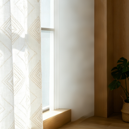 Textured Geometric Linen White Curtains